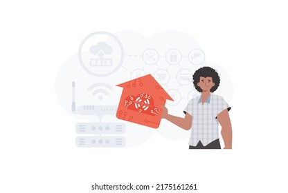 The man is depicted waist-deep, holding an icon of a house in his hands. IoT concept. Good for presentations and websites. Vector illustration in flat style.
