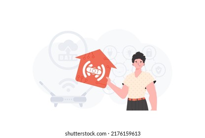 The man is depicted waist-deep, holding an icon of a house in his hands. Internet of things concept. Good for presentations and websites. Vector illustration in flat style.