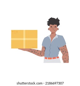 The man is depicted waist-deep and holding a parcel in his hands. Delivery concept. Isolated. Flat modern design. Vector.
