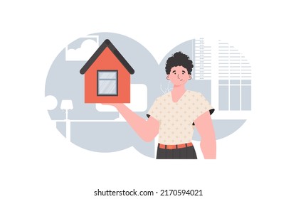 The man is depicted waist-deep holding a small house in his hands. The concept of selling a house. trendy style. Vector illustration.