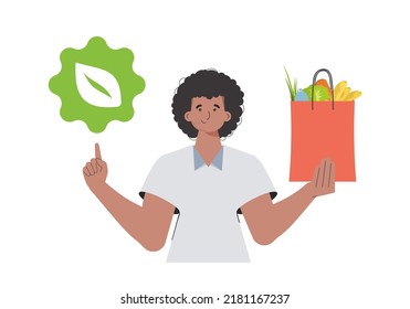 The man is depicted waist-deep and holds a package with healthy food in his hands and shows an icon. Isolated on white background. Trend vector illustration.