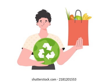 The man is depicted waist-deep and holds a package with healthy food in his hands and shows an icon. Isolated on white background. Trend style, vector illustration.