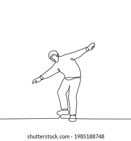man depicts a flying plane - an one line drawing. man leaned and spread his arms to the sides of the depiction of a flying transport or flying insect