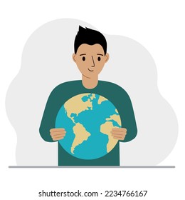 A man deposits the planet Earth in his hand. Earth day holiday concept, saving the planet, global warming or climate change. Vector flat illustration.
