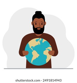 A man deposits the planet Earth in his hand. Earth day holiday concept, saving the planet, global warming or climate change. Vector flat illustration.