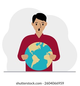 A man deposits the planet Earth in his hand. Earth day holiday concept, saving the planet, global warming or climate change. Vector flat illustration.