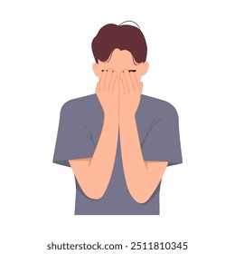 Man is depressed, feeling anxious, crying with sadness, isolated vector illustration on white background.