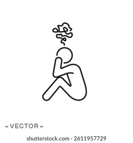 man depressed icon, feeling sad, human holding his head with his hand concept, thin line symbol isolated on white background, editable stroke eps 10 vector illustration
