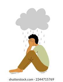 Man in depression. Boy is sitting under the rain. Concept of mental disorder, sorrow and depression. Mental health. Vector illustration.