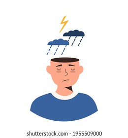 Man in depression concept. Sad and depressed guy under storm cloud, rain and thunderstorm. Upset negative thinking, mental state of mind. Psychological concept. Fatigue. Isolate flat vector character