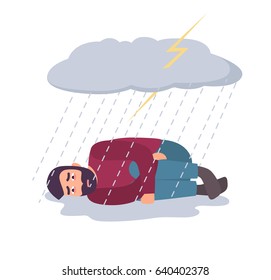 Man in depression concept. Sad and depressed guy under storm cloud and rain. 