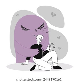 Man with depression linear. Guy with mental issues and psychological problems. Frustration and loneliness. Negative feelings and emotions. Simple flat vector illustration isolated on white background