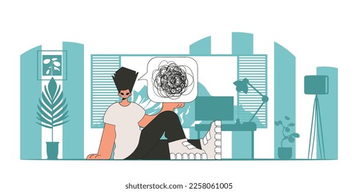 Man with depression. A man shows his thoughts lost in a sea of disorder.