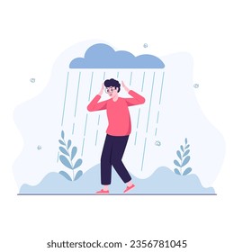 Man in depression standing in the rain