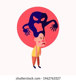 A man with depression stands against pink circle background. A man suffering from a mental disorder or mental illness.