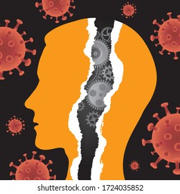 Man Depression Stress, Mental Health During Coronavirus Pandemic.
Illustration Of Torn Paper With Male Head In Profile With Gear And Black Background With Coronavirus Sign. Vector Available.