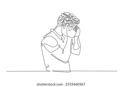 Man in depression, stressed, headache and despair continuous one line drawing. Single line art illustration of confusing and stressed person. Editable vector.