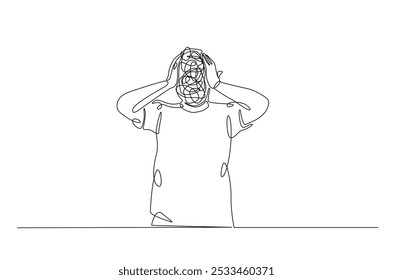 Hombre en depresión, estresado, dolor de cabeza y desesperación continua una línea de dibujo. Ilustración de arte de una sola línea de persona confusa y estresada. Vector editable.