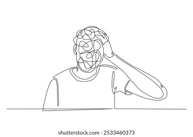 Man in depression, stressed, headache and despair continuous one line drawing. Single line art illustration of confusing and stressed person. Editable vector.