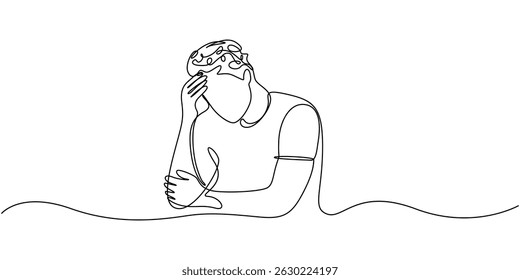 Man in depression, stressed, headache and despair continuous one line drawing. Single line art illustration of confusing and stressed person. Editable vector, Continuous line drawings of a young man.