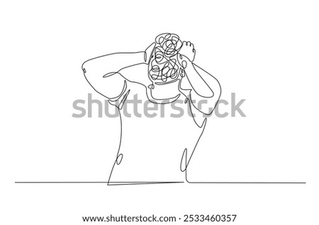 Man in depression, stressed, headache and despair continuous one line drawing. Single line art illustration of confusing and stressed person. Editable vector.