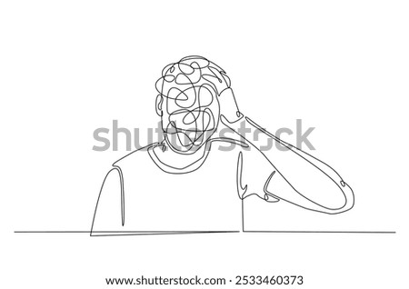 Man in depression, stressed, headache and despair continuous one line drawing. Single line art illustration of confusing and stressed person. Editable vector.
