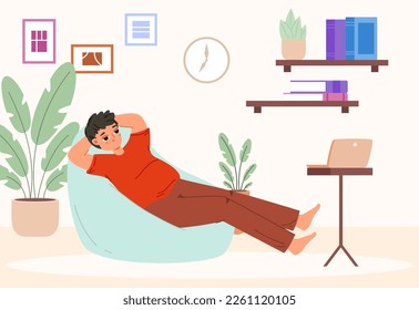 Man in depression, tired teenager watch show on laptop at home. Lazy young male character, sad person in stress. Escape from reality, vector concept
