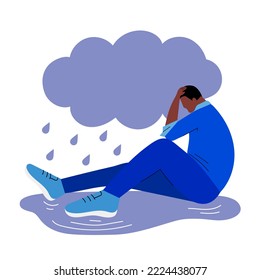 Man in depression. Unhappy crying man. African American sad sitting man. Cloud, rain and human