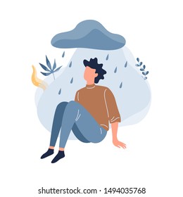 Man in depression. Unhappy person, bad emotion. Adult under the rain cloud. Depressed character. Flat vector illustration