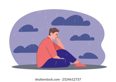 Man in depression. Young guy sits in rain. Frustration and depression, negative feelings and emotions. Loneliness and grief, sadness. Flat vector illustration isolated on white background