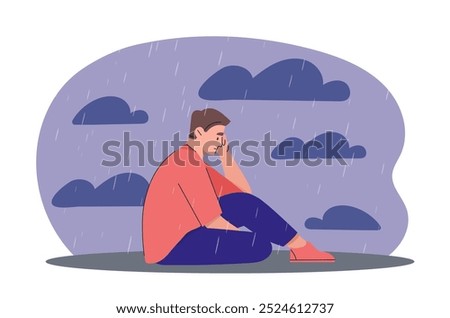 Man in depression. Young guy sits in rain. Frustration and depression, negative feelings and emotions. Loneliness and grief, sadness. Flat vector illustration isolated on white background