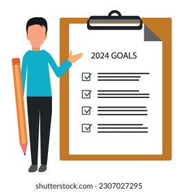 Man describing 2024 goals on board with checkmark.
