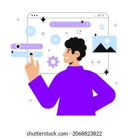 Man designer creating new website template, social media page design, ui ux, prototyping. Vector illustration for banners or landing page for web design studio.