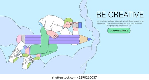 Man designer flying on pencil . Creative or educational process banner, ad, landing page or poster for web design studio, startup or courses. Generating ideas, imagination, inspiration concept.