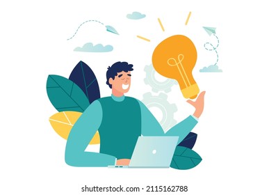 man designer found brilliant ideas. search for the best ideas in design concept. vector illustration logic and work on an idea, abstract symbol light bulb in the hands of a creative man. 