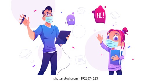 Man designer with graphic tablet and cute little girl with book. People in medical face masks. Vector cartoon illustration with digital artist or illustrator and pretty girl waving by hand