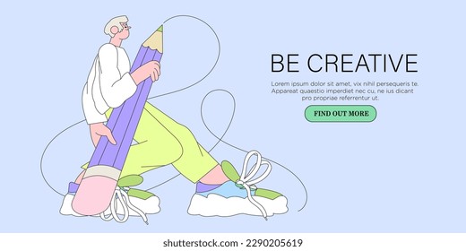 Man designer hold big pencil and draw. Creative or educational process banner, ad, landing page or poster for web design studio, startup or courses. Generating ideas, imagination, inspiration concept.