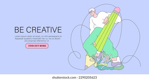 Man designer hold big pencil and draw. Creative or educational process banner, ad, landing page or poster for web design studio, startup or courses. Generating ideas, imagination, inspiration concept.