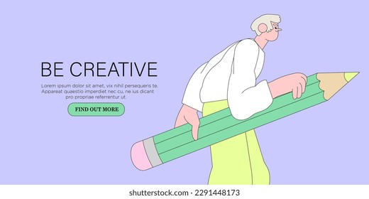 Man designer hold big pencil and draw. Creative or educational process banner, ad, landing page or poster for web design studio, startup or courses. Generating ideas, imagination, inspiration concept.