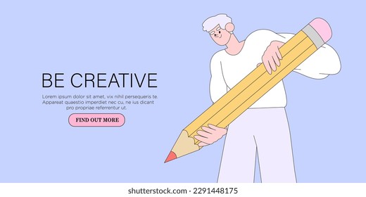 Man designer hold big pencil and draw. Creative or educational process banner, ad, landing page or poster for web design studio, startup or courses. Generating ideas, imagination, inspiration concept.