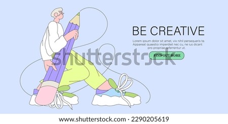 Man designer hold big pencil and draw. Creative or educational process banner, ad, landing page or poster for web design studio, startup or courses. Generating ideas, imagination, inspiration concept.