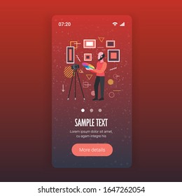 man designer holding colored palette samples blogger recording online video with digital camera on tripod social network blogging concept smartphone screen mobile app full length copy space vector