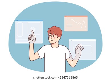 El diseñador de hombres utiliza touchpad para acceder a la identificación personal. Hombre con interfaz creativa de aplicación digital. Diseño y tecnología web. Ilustración vectorial.