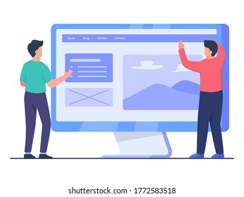 Man designer work collaboration with partner in front big screen computer create good UI website design with flat cartoon style.
