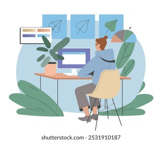 Man designer at workplace. Young guy with computer and laptop creates website and mobile program design. Freelancer makes money on Internet. Flat vector illustration isolated on white background