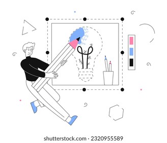 Man designing lightbulb line concept. Graphic designer with pencil designs element for website, UII and UX design for mobile applications and software. Linear flat vector illustration