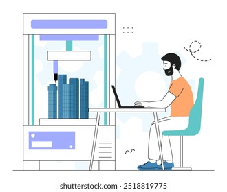 Man designs skyscrapers. Young guy with laptop work with templates of building. Architect and engineer at workplace. Architecture and construction, designing. Linear vector illustration