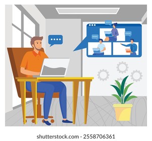 A man at a desk attending a virtual meeting on his laptop while engaging with colleagues displayed on a screen. Flat vector modern illustration 