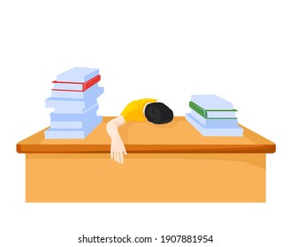 Hombre en el escritorio ocupado con la ilustración del material vector de trabajo. Mucho papeleo en el trabajo. Horas extraordinarias. Un escolar, un estudiante agotado por sus estudios. un montón de papeles. Aislado sobre un fondo blanco.