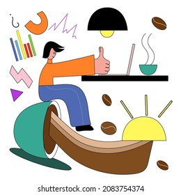A man at a desk, a computer, morning coffee and ideas. The concept of productive work with coffee. Abstract vector illustration
